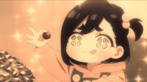 a cartoon girl is holding a candy in her hand
