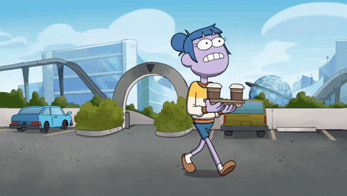 a cartoon character carrying a tray with two cups of coffee