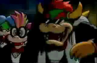 a couple of cartoon characters standing next to each other .