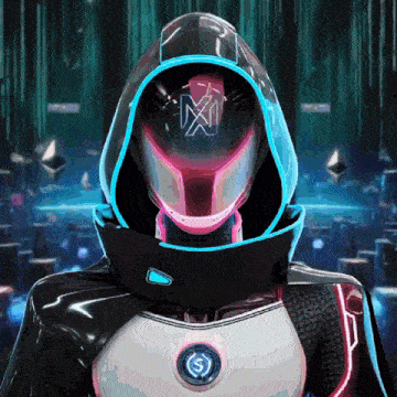 a futuristic character with a hood and a helmet that says ' mx1 ' on it