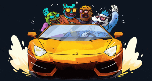a group of cartoon characters riding in a yellow car
