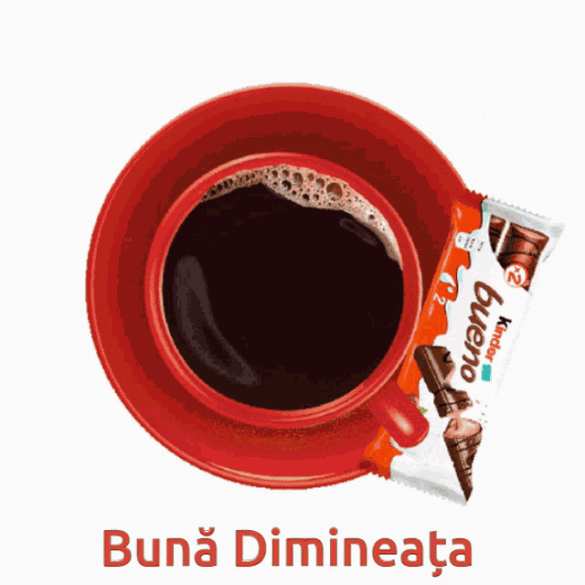 a cup of coffee and a kinder bueno bar