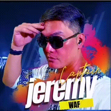 a man wearing sunglasses has the name jeremy written on the bottom