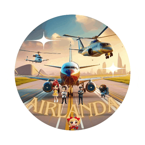 a group of people standing in front of an airplane that says airlanda on the bottom