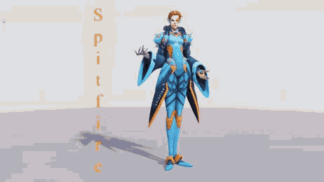 a video game character named spitfire is standing on a gray surface