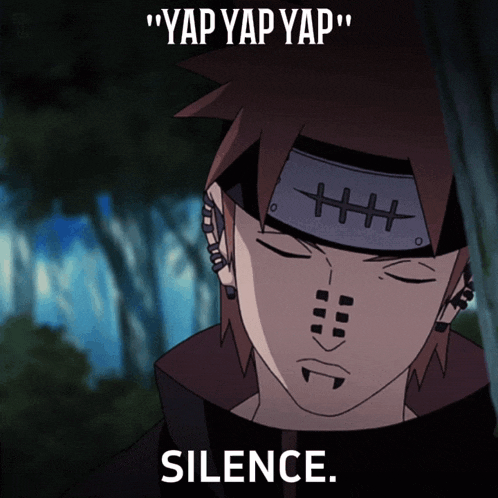 a picture of a man with a headband that says yap yap yap and silence