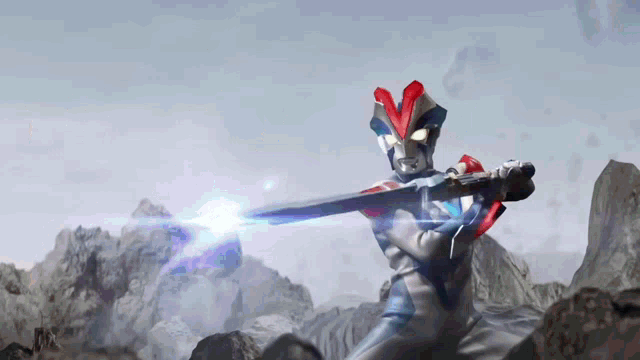 a cartoon character is holding a sword in front of a mountain
