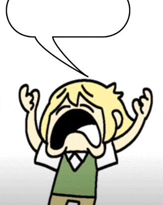 a cartoon of a boy screaming with a speech bubble above his head .