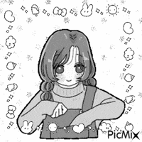 a black and white drawing of a girl with a turtleneck sweater and overalls .