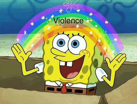 a cartoon of spongebob with a rainbow behind him and the word violence above him