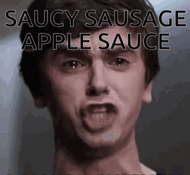 a close up of a man 's face with the words saucy sausage apple sauce above it