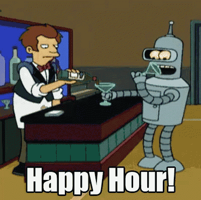 bender from futurama is pouring a drink into a martini glass while a bartender holds a bottle