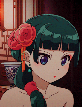 a close up of a girl with green hair and a flower in her hair