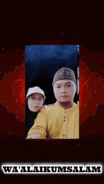 a man in a yellow shirt and a woman in a white hat are on a red background with the words wa ' alaikumsalam
