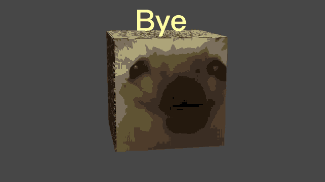 a cube with a dog on it and the word bye above it