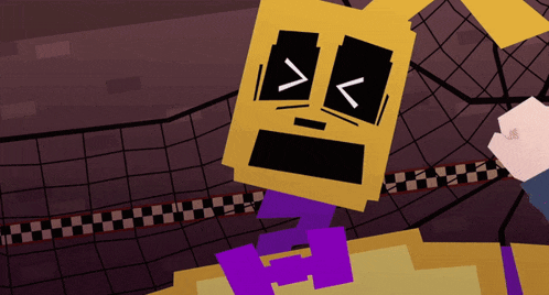 a cartoon character with a yellow head and a purple body has the letters v and x on his face
