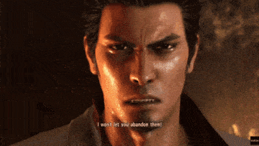 a close up of a man 's face with the words i won 't let you abandon them