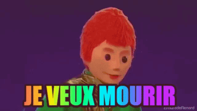 a cartoon character with the words je veux mourir written above it