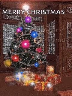 a merry christmas card with a christmas tree and presents in a living room