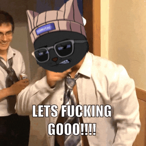 a man in a white shirt and tie has a cat mask on his face and says lets fucking gooo !!!