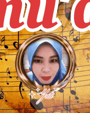 a woman in a blue hijab is in a picture frame with the word jati on it