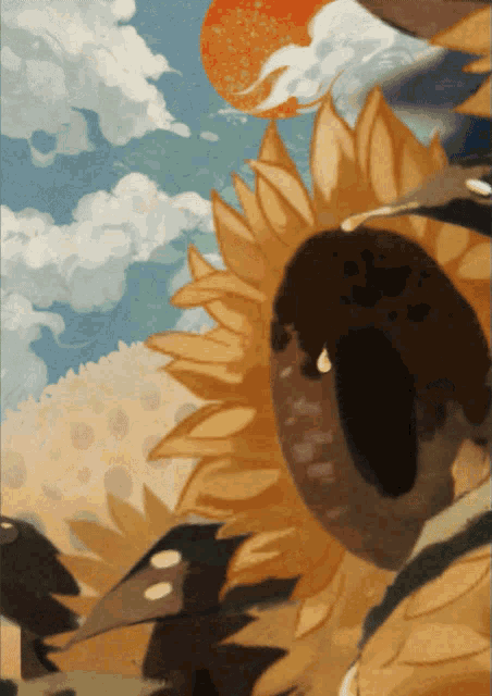 a painting of a sunflower with a blue sky and clouds in the background
