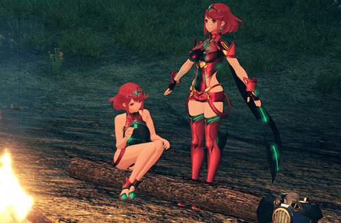a couple of anime characters standing next to each other near a fire