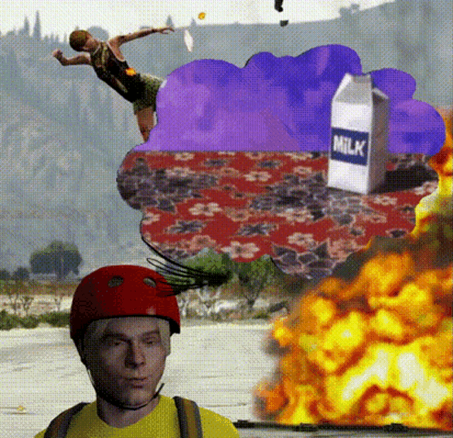 a man wearing a red helmet stands in front of a purple cloud and a carton of milk