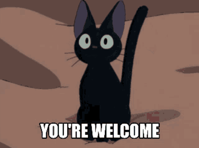 a black cat says you 're welcome in a cartoon