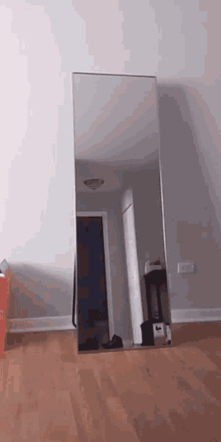 a full length mirror is hanging on a wall