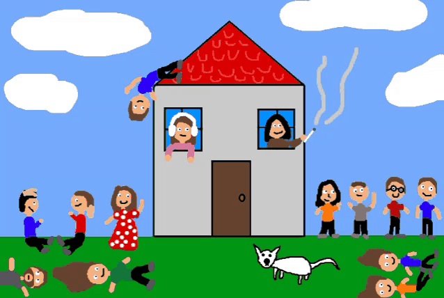 a cartoon drawing of a house with a red roof surrounded by people
