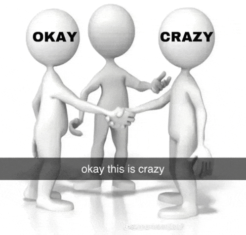 three cartoon characters shaking hands with okay and crazy written on their faces