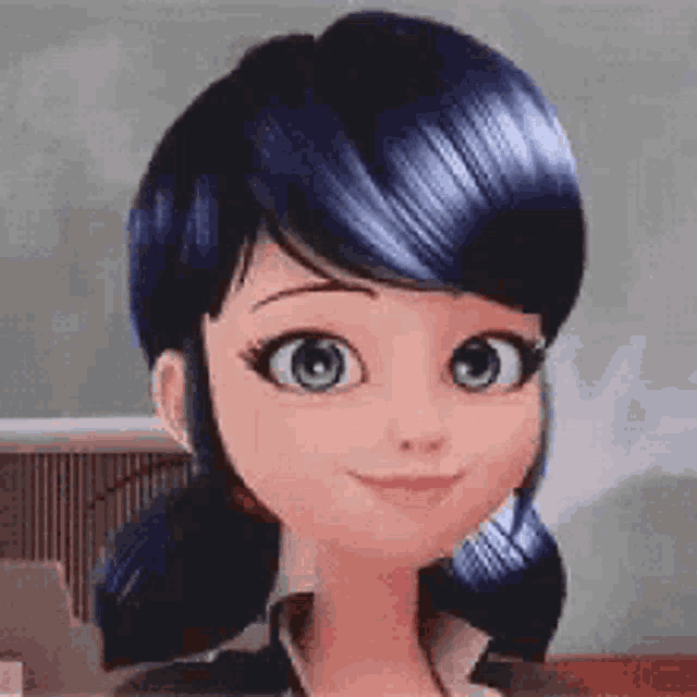 a close up of a cartoon character with blue hair and blue eyes .