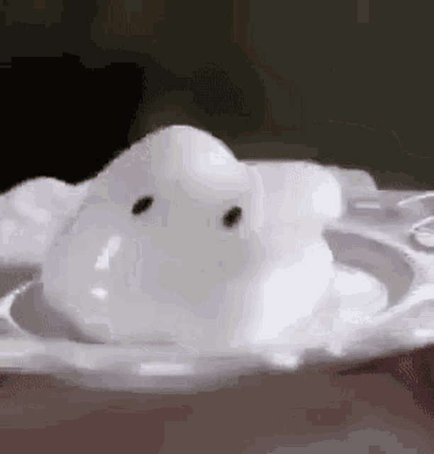 a close up of a piece of white foam with black eyes on a plate .