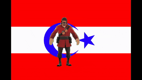 a man in a red uniform is standing in front of a flag