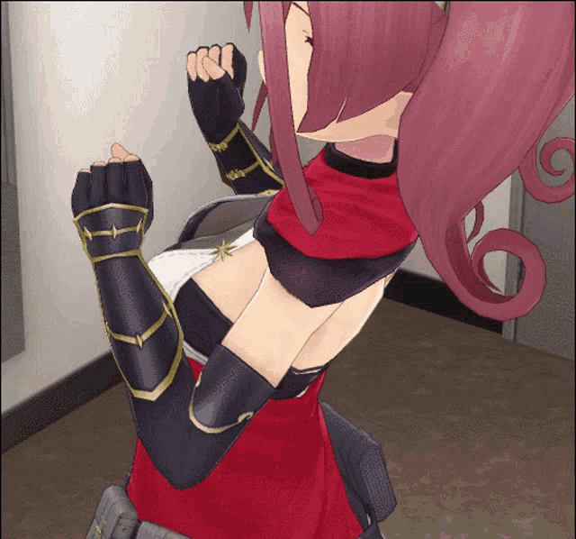 a girl with pink hair and black gloves is standing in a room