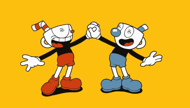 two cartoon characters are holding hands and dancing on a yellow background