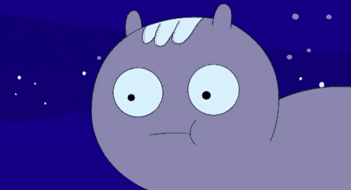 a close up of a cartoon character with big eyes against a blue background
