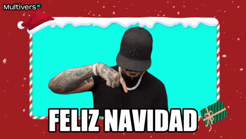 a man wearing a ny hat is pointing at the camera with the words feliz navidad written below him