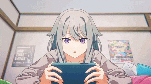 a girl with gray hair and purple eyes is playing a video game on a tablet