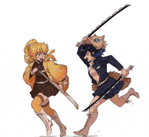 a drawing of a man and a woman holding swords
