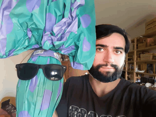a man with a beard wearing sunglasses stands in front of a purple and green easter egg