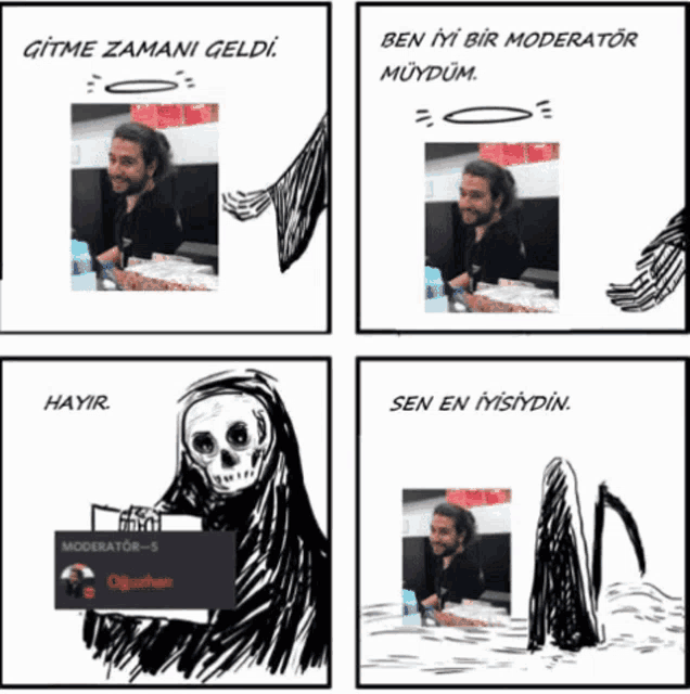 a grim reaper is holding a folder with a picture of a man on it and says " ben iyi bir moderator muydum "