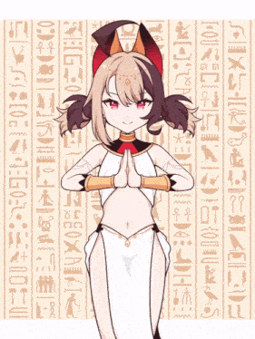 a drawing of a girl in a cat costume with egyptian symbols