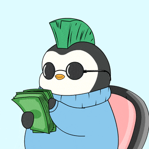 a penguin with glasses and a mohawk holds a stack of money