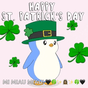 a penguin wearing a leprechaun hat is holding a clover .