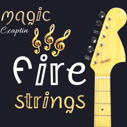 a man in a black jacket is standing next to a guitar headstock that says magic