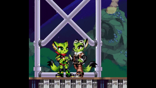 two green cartoon characters standing next to each other in a video game