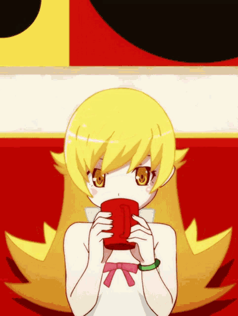 a girl with yellow hair is drinking from a red mug