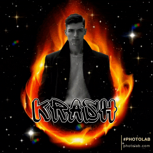 a man in a black coat is surrounded by flames and the word krash